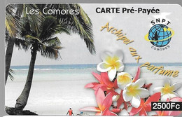 CARTE-PREPAYEE-2500Fc-SNPT Mobile/COMORES-Fleurs-Plage-Plastic Epais Glacé-Gratté-TBE-RARE - Comores