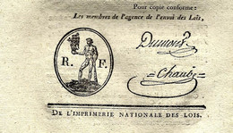 1795 LOI DE LA REPUBLIQUE  2 Sign. Imprimées Symbole Maçonnique PARIS IMPRIMERIE NATIONALE DES LOIS - Decreti & Leggi