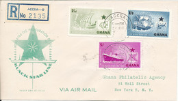 Ghana Registered FDC 27-12-1957 Complete Set Of 3 With Cachet Inauguration Of The Black Star Line Sent To USA - Ghana (1957-...)