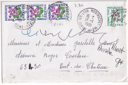 1981 - TAXE FLEURS Sur ENVELOPPE De LYON MONTROCHET CENTRE DE TRI ! => PONT DU CHATEAU (PUY DE DOME) - 1960-.... Cartas & Documentos