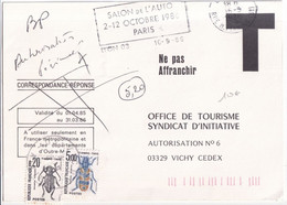 1986 - TAXE INSECTES Sur CARTE REPONSE "T" AUTORISATION PERIMEE ! De LYON MECA SALON DE L'AUTO => VICHY - 1960-.... Cartas & Documentos