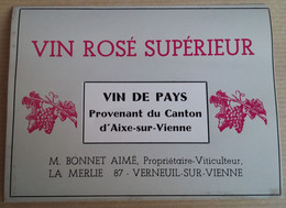 87 VERNEUIL SUR  VIENNE    M . BONNET  AIME PROPRIETAIRE  VITICULEUR  VIN ROSE SUPERIEUR  DU CANTON  D  AIXE SUR VIENNE - Pink Wines