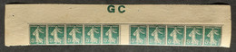 Semeuse 5 C. Vert 137 Variété Papier GC Superbe Bande De 10 Haut De Feuille - 1906-38 Semeuse Con Cameo