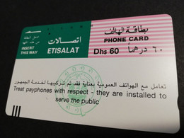 UNITED ARAB EMIRATES -ETISALAT- UAE E21  SLOGAN #5   DHS 60 TAMURA/ Magnetic Phonecard As Scan  FINE USED    ** 8931** - Emirats Arabes Unis