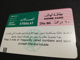 UNITED ARAB EMIRATES -ETISALAT- UAE E22  SLOGAN #6   DHS 60 TAMURA/ Magnetic Phonecard As Scan  FINE USED    ** 8932** - Emirats Arabes Unis