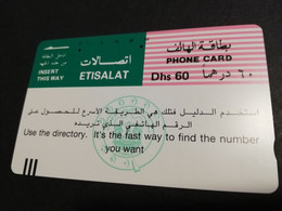 UNITED ARAB EMIRATES -ETISALAT- UAE E23  SLOGAN #7   DHS 60 TAMURA/ Magnetic Phonecard As Scan  FINE USED    ** 8933** - Emirats Arabes Unis