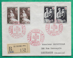 YT N°966 + 967 PAIRE CROIX ROUGE ENVELOPPE PREMIER JOUR LE HAVRE RECOMMANDE POUR ROSSELANGE MOSELLE 1953 COVER FRANCE - Croix Rouge