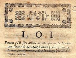 REVOLUTION LOI MINISTERE DE LA MARINE SOMMES ATTRIBUEES 21 JANVIER 1791 2 PAGES B.E. VOIR SCANS - Decretos & Leyes