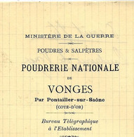 MILITARIA MINISTERE DE LA GUERRE POUDRERIE NATIONALE  VONGES  Cote D'Or 1896 =>BRIQUETERIE BAUDOT VAIRET Ciry Le Noble - Historical Documents