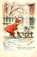 Germaine BOURET * Cpa Illustrateur * Enfin César , Es Tu Prêt Pour La Course * Enfant Et Chien Sur Traîneau - Bouret, Germaine