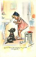 Germaine BOURET * Cpa Illustrateur * Je M'lave Les Mains , Ou J'mets Mes Gants * Enfant Et Chien - Bouret, Germaine