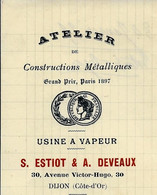 LETTRE COMM. ATELIER DE CONSTRUCTIONS  ESTIOT ET DEVEAUX DIJON C. D OR 1899 => Briqueterie Vairet Baudot Ciry Le Noble - 1800 – 1899