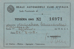Tessera - Reale Automobile Club D'Italia - Agrigento 1945 - Tarjetas De Membresía