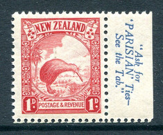 New Zealand 1935-36 Pictorials - Single Wmk. - 1d Kiwi - Die II - P.14 X 13½ - Booklet Single LHM (SG 557c) - Unused Stamps