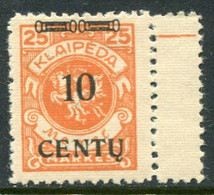MEMEL (Lithuanian Occ) 1923 ( 16 April) Surcharge 10 C. On 25 M. Arms. LHM / *.  Michel 169 A III + 100% - Memelgebiet 1923
