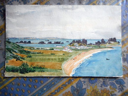 AQUARELLE ANCIENNE FIN 19 Eme Début 20 Eme PLOUGASNOU POINTE DE PRIMEL   BRETAGNE Format 14 Par 23 Cms Environ - Aquarelles