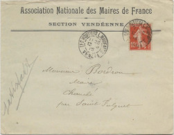 LETTRE ENTETE ASS.NAT .DES MAIRES DE FRANCE -SECTION VENDEENNE AFFRANCHIE N° 135 CAD -LES MOUTIERS LES MAUFAITS -1915 - Cachets Manuels