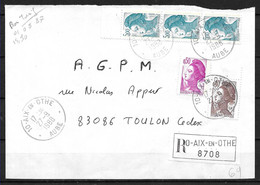 FRANCE Lettre Recommandée De AIX EN OTHE . Tarif Du 01/08/1987 . Y Et T Liberté 2190 2184 2183 . - Posttarieven