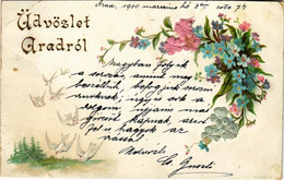 * T4 1900 Arad, Üdvözlet Aradról. Virágos üdvözlőlap / Floral Greeting Card With Silk Flowers. Litho (vágott / Cut) - Unclassified