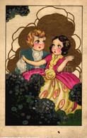 T3 Italian Art Postcard, Child Couple, Golden Decoration, Traloi-Milano No. 201 (EB) - Unclassified