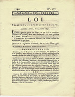 REVOLUTION  1791 LOI RELATIVE A L IMPORTATION DU TABAC B.E VOIR SCANS+HISTORIQUE - Wetten & Decreten