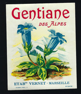 Ancienne Etiquette Vernie Gentiane  Des Alpes Etabts Vernet Marseille 13  " Superbe" - Alcoholes Y Licores