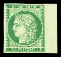 * N°2, 15c Vert, Bord De Feuille Latéral Droit, Fraîcheur Et Couleur Exceptionnelles, Un Des Plus Beaux Exemplaires Conn - 1849-1850 Cérès