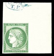 * N°2e, 15c Vert, Impression De 1862 Coin De Feuille Avec Cachet De Contrôle 'TP' En Bleu, Quasi **. Fraîcheur Postale,  - 1849-1850 Cérès