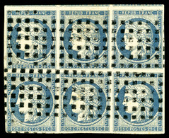 O N°4, 25c Bleu En Bloc De Six Oblitération Gros Points Carrés, Jolie Pièce, R.R.R (signé Calves/Brun/certificat)   Qual - 1849-1850 Cérès