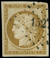 O FRANCE - Poste - 1, Obl PC 152, Signé Cotin: 10c. Bistre S. Jaune - 1849-1850 Ceres
