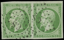 O FRANCE - Poste - 12, Paire Horizontale, Très Belles Marges, Cachet "CS", Signé Cotin: 5c. Vert - 1853-1860 Napoleone III