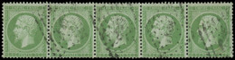 O FRANCE - Poste - 20a, Bande De 5, Oblitération Losange: 5c. Vert Foncé - 1862 Napoleon III