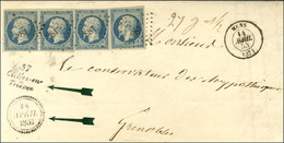 PC 881 / N° 10 (paire + 2ex) Belles Marges Càd T 15 MENS (37) Cursive 37 / Clelles-en / Trièves Sur Lettre 3 Ports Pour  - 1852 Louis-Napoleon