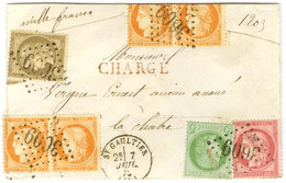 GC 3609 / N° 38 (2 Paires Dont 2ex Def) + N° 53 + N° 56 + N° 57 Càd T 16 ST GAULTIER (35) Sur Lettre Chargée. 1873. - TB - 1871-1875 Ceres