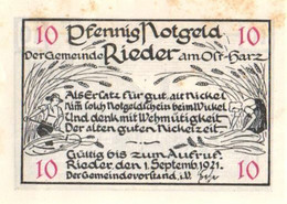 Germany Notgeld:Gemeinde Rieder Am Ost-Harz 10 Pfennig, 1921 - Collezioni