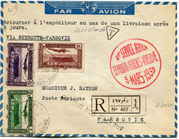 SYRIE LETTRE RECOMMANDEE PAR AVION AVEC CACHET " 1er SERVICE AERIEN BEYROUTH-ATHENES-VARSOVIE 3 MARS 1939 " - Briefe U. Dokumente