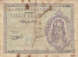 ALGERIE BANQUE Algérie 20 F Du 20-2-1943 P.092a Ou K.010a - Algérie