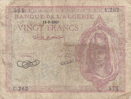 RARE ALGERIE BANQUE Algérie 20 F Du 18-9-1943 Alph. U.262 P.010 - Algérie