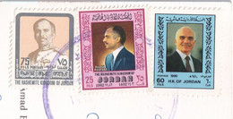 Portrait Of King Hussein 3 Different Stamps Of Jordan Over Postcard - Jordanie