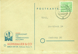 Berlin 1950 " Fa Mühlbauer&Co Ges.f.Verbrennungsmotoren Geschäftspostkarte Vertreter " Bedarf 10Pf > Hamburg - Neukölln