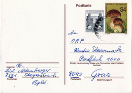 Entier Postal Autrichien, 2 Timbres Dont Un Représente Deux Cèpes, Circulée - Champignons