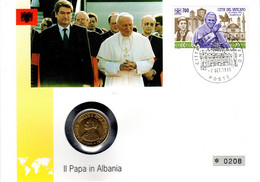 VATICAN - ALBANIA- NUMBERED COIN COVER 1995 - PAPAL VISIT STAMP & POSTMARK - MINT  - POPE JOHN PAUL II - SOUVENIR, 13.4 - Papas