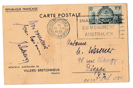 Entier 55Cts  / Villers Bretonneux Somme Inauguration Du Monument Australien 22 07 1938/Circulée - Overprinter Postcards (before 1995)