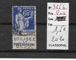 FRANCE 1937 Type PAIX  65 Cts Outremer YT N° 365b Oblitéré Avec Bande De Publicité " UTILISEZ La POSTE AERIENNE - Gebraucht