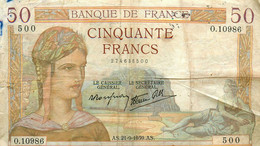 Billet 50 Francs 1939 * Cinquante Francs - 50 F 1934-1940 ''Cérès''