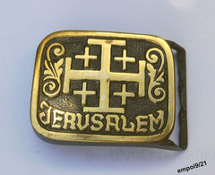 Ancienne Boucle De Ceinture En Laiton - JERUSALEM Et Armoiries - Broekriemen En Gespen