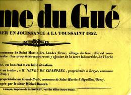 1852 ANNONCE LEGALE PUBLICATION A LOUER FERME Du Gué à Saint Martin Des Landes (Orne) Imprimerie De Bonnet à Alençon B.E - 1800 – 1899