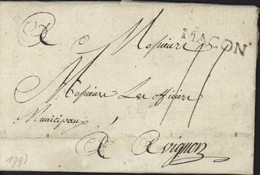 Bourgogne 71 Saône Et Loire Marque Postale Noire MACON 29X5  2 Oct 1791 Taxe Manuscrite 11 Pour Avignon - 1701-1800: Vorläufer XVIII