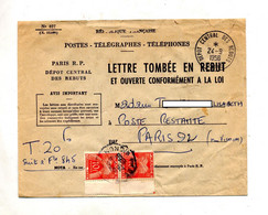 Lettre En Rebuts Cachet Paris Depot Central Poste Restante Taxée Paris 92 - Manual Postmarks