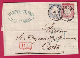 ALSACE LORRAINE METZ MOSELLE 1872 POUR CETTE HERAULT LETTRE COVER FRANCE - Storia Postale